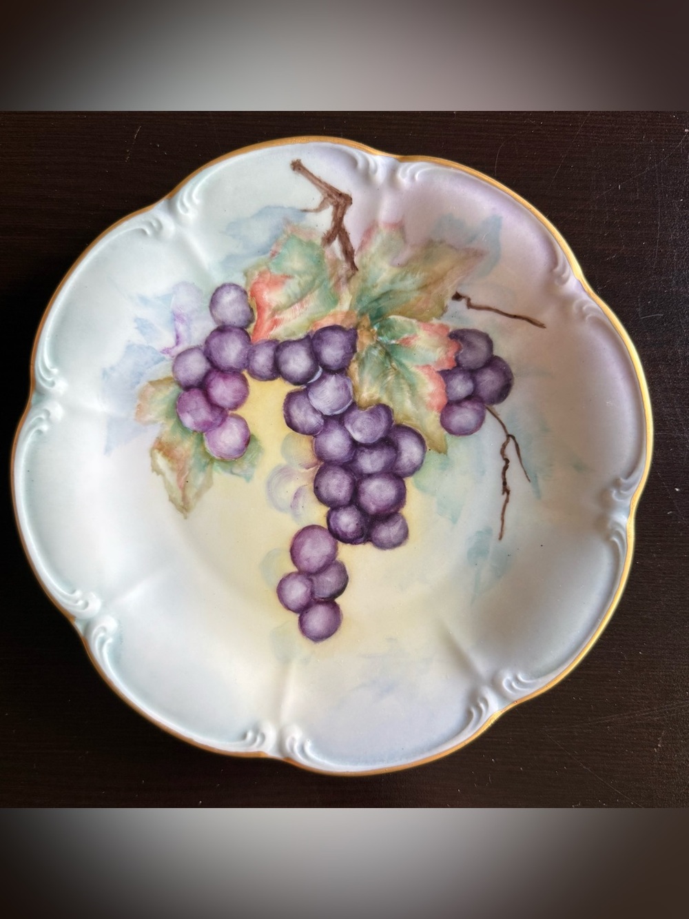 Antique Hand Painted from Bavaria Porcelain 8”Plate with Grapes and Gold Trim